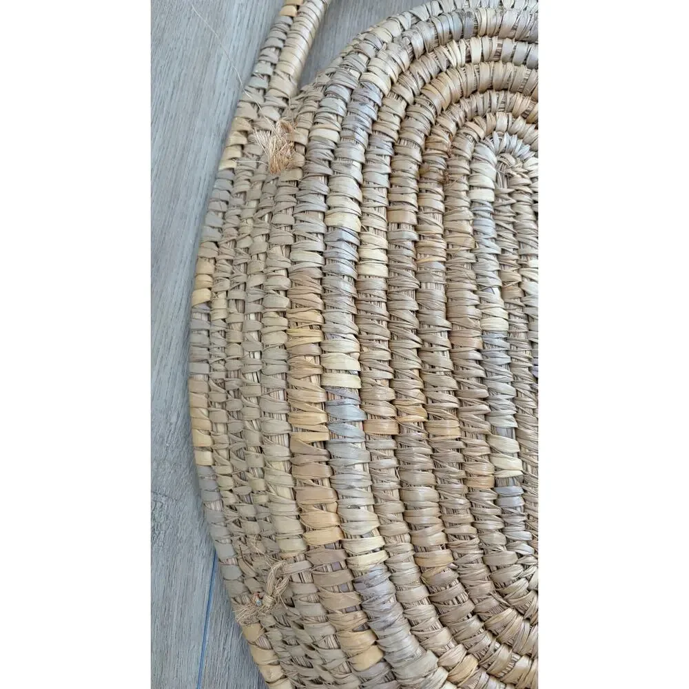 Vintage Boho Hand Woven Coil Straw Basket Tray, Oval Serving Platter, Wall Art